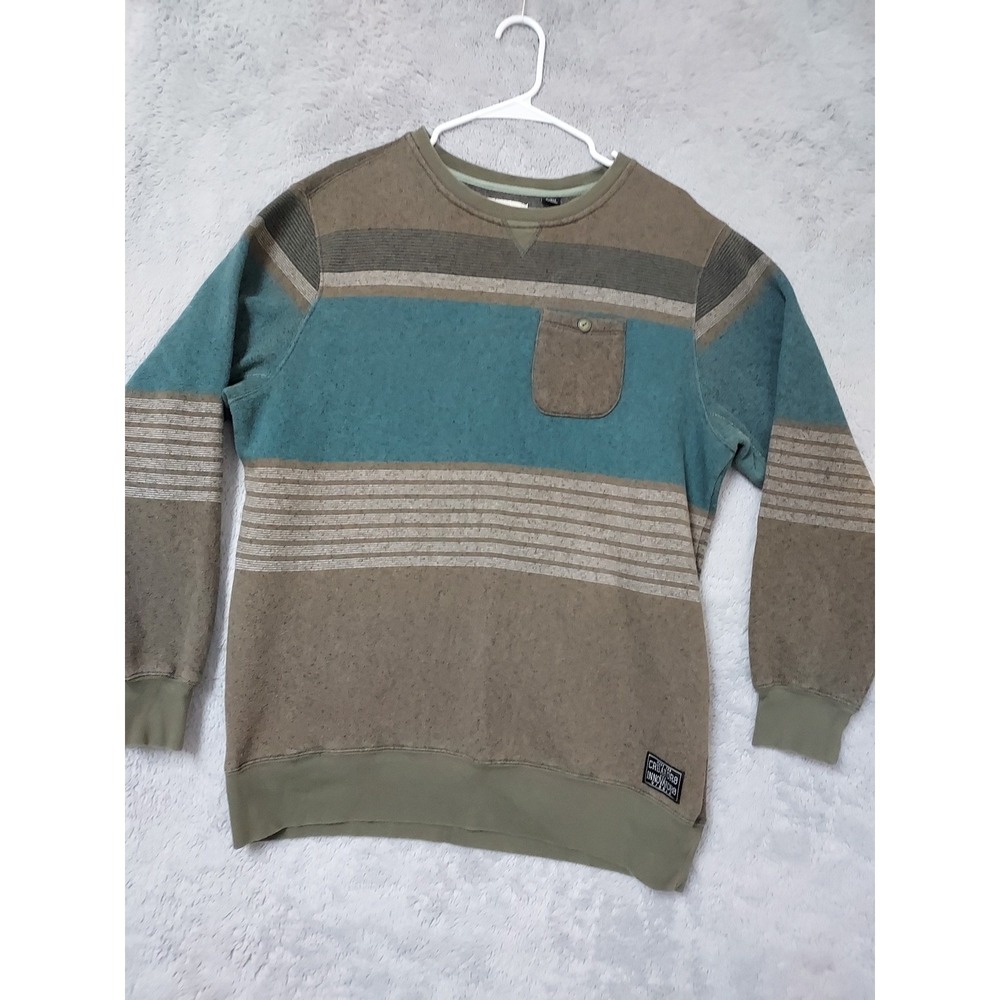 Vissla Sweater Men XL Striped Crew Neck Long Sleeve Pocket Pullover Green Surfer